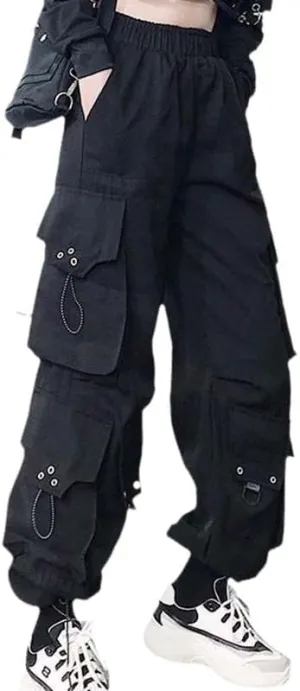 Harem Pants Women Cargo Pants Side Big Pockets Hip Hop Black Elastic Waist Loose Joggers Trousers