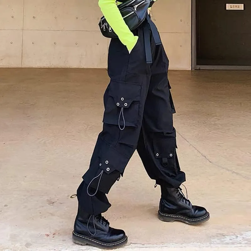 Harem Pants Women Cargo Pants Side Big Pockets Hip Hop Black Elastic Waist Loose Joggers Trousers