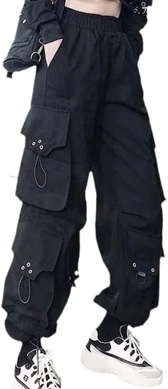 Harem Pants Women Cargo Pants Side Big Pockets Hip Hop Black Elastic Waist Loose Joggers Trousers
