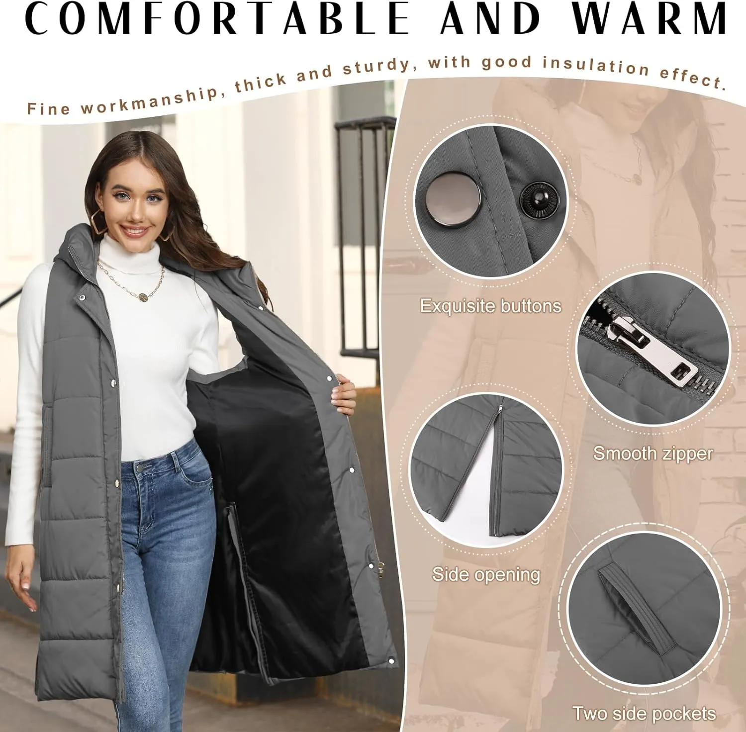 HEEKPEK Womens Puffer Vest Winter Hooded Sleeveless Zip Up Long Puffy Jacket Warm Thick Quilted Coats with Pockets