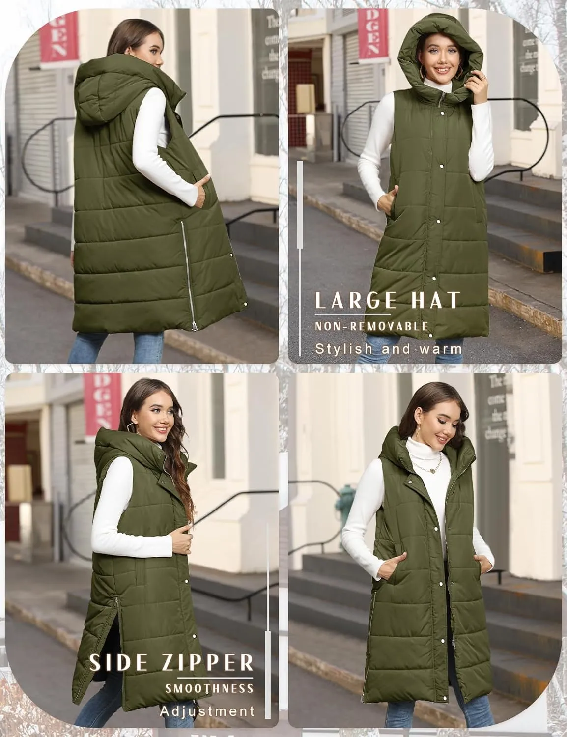 HEEKPEK Womens Puffer Vest Winter Hooded Sleeveless Zip Up Long Puffy Jacket Warm Thick Quilted Coats with Pockets