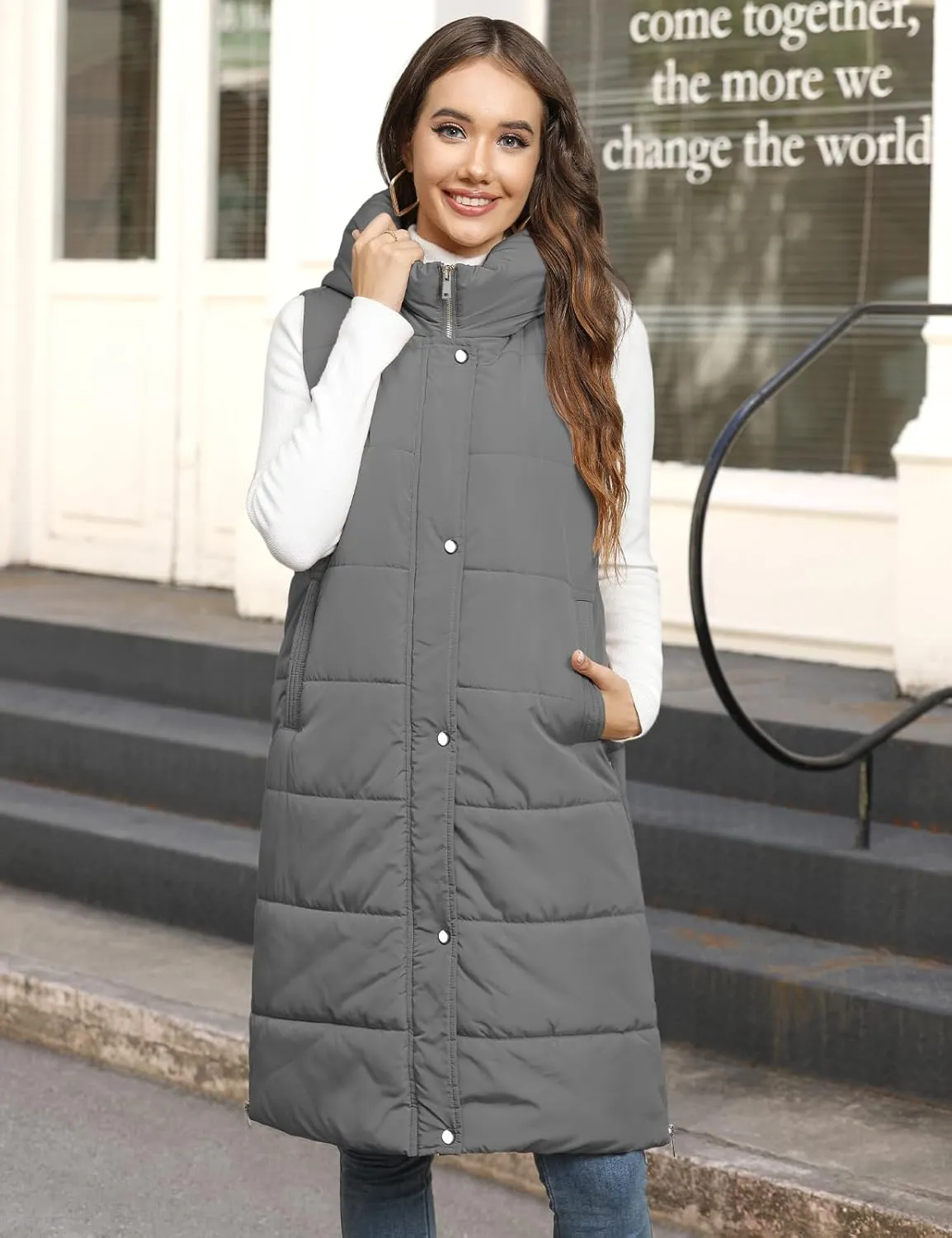 HEEKPEK Womens Puffer Vest Winter Hooded Sleeveless Zip Up Long Puffy Jacket Warm Thick Quilted Coats with Pockets