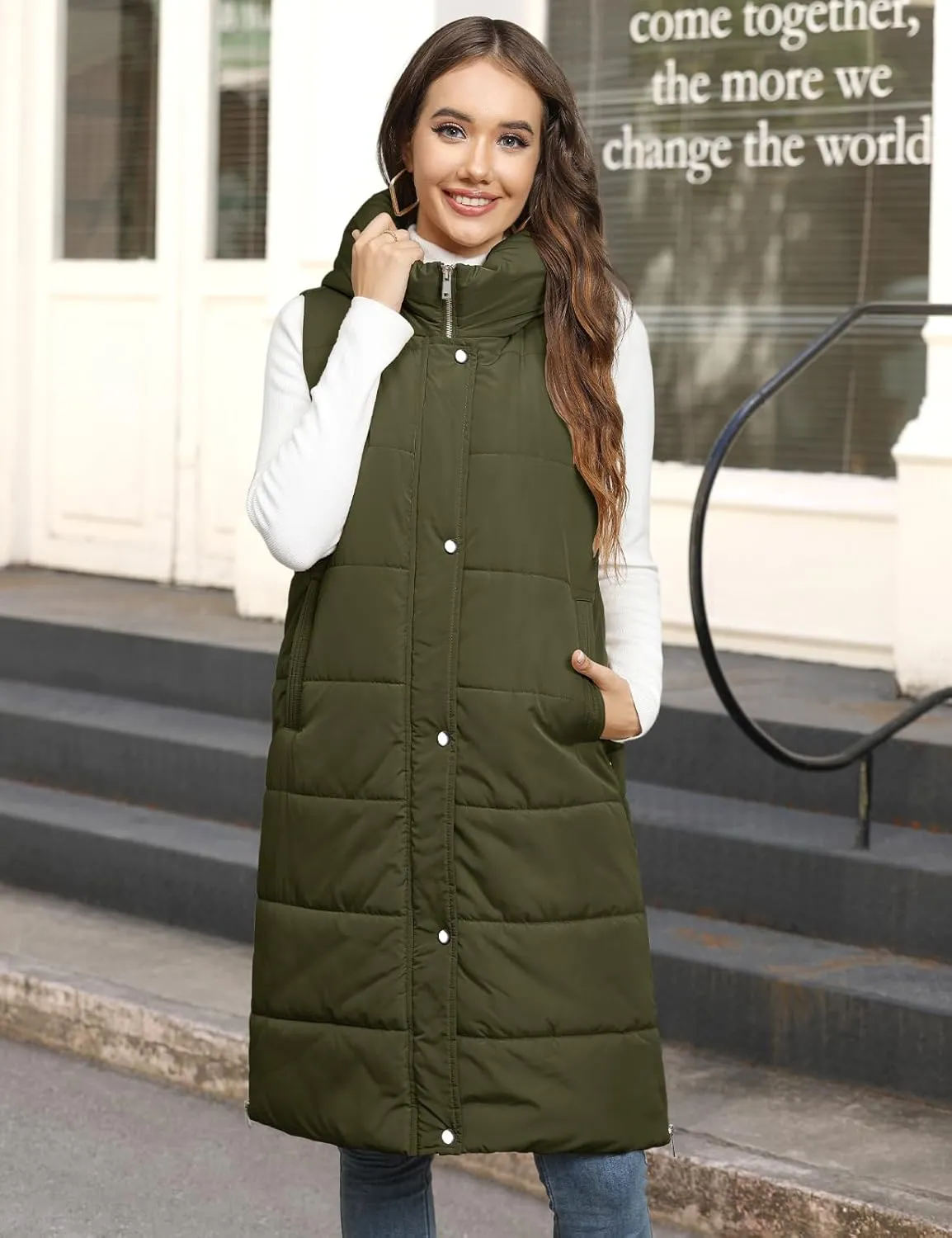 HEEKPEK Womens Puffer Vest Winter Hooded Sleeveless Zip Up Long Puffy Jacket Warm Thick Quilted Coats with Pockets