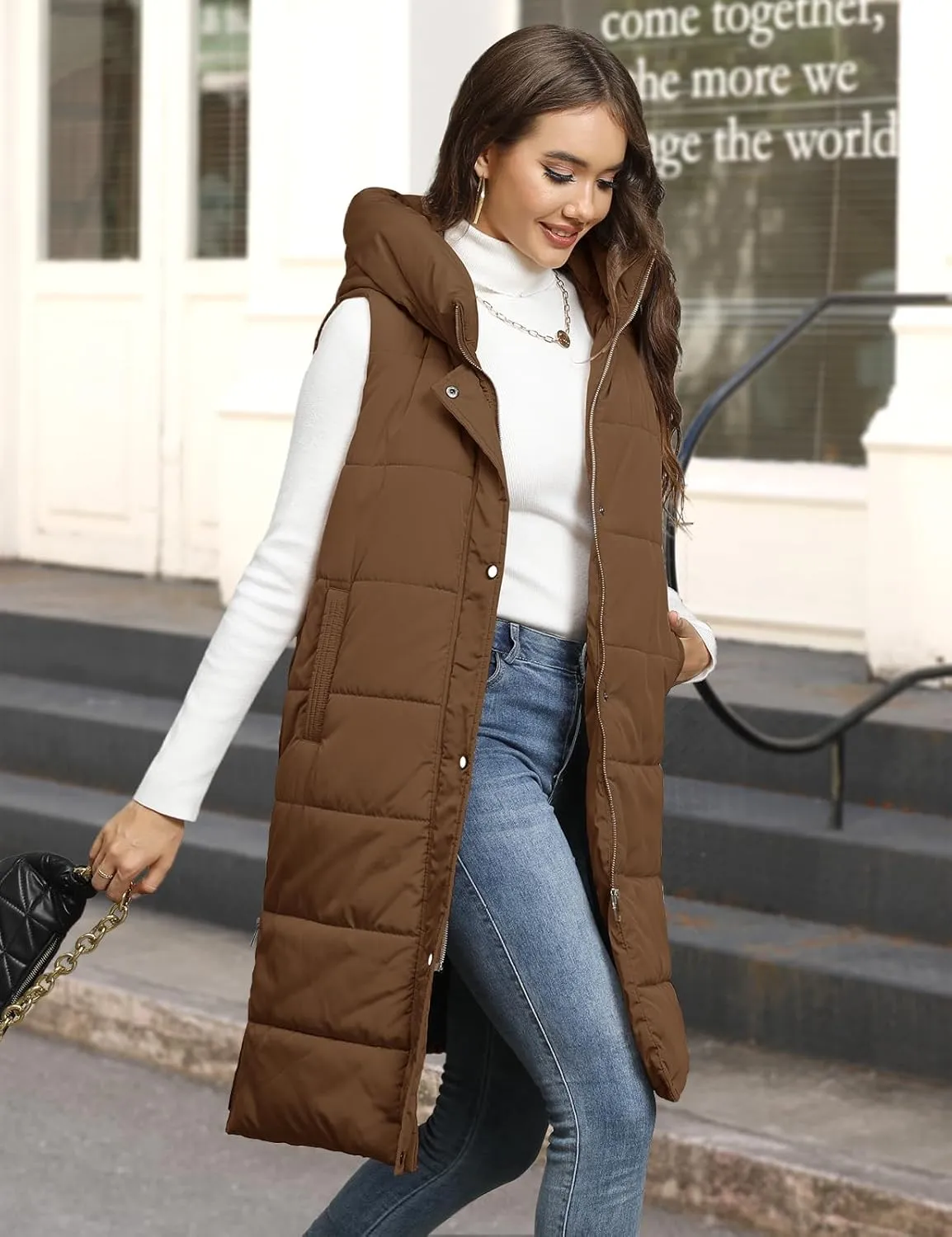 HEEKPEK Womens Puffer Vest Winter Hooded Sleeveless Zip Up Long Puffy Jacket Warm Thick Quilted Coats with Pockets