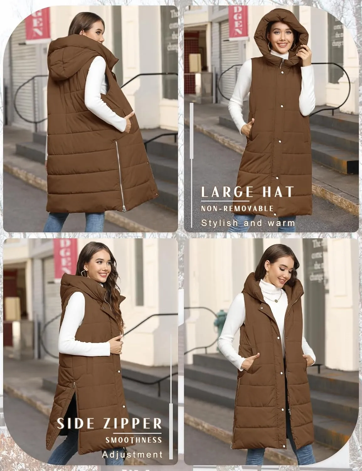 HEEKPEK Womens Puffer Vest Winter Hooded Sleeveless Zip Up Long Puffy Jacket Warm Thick Quilted Coats with Pockets
