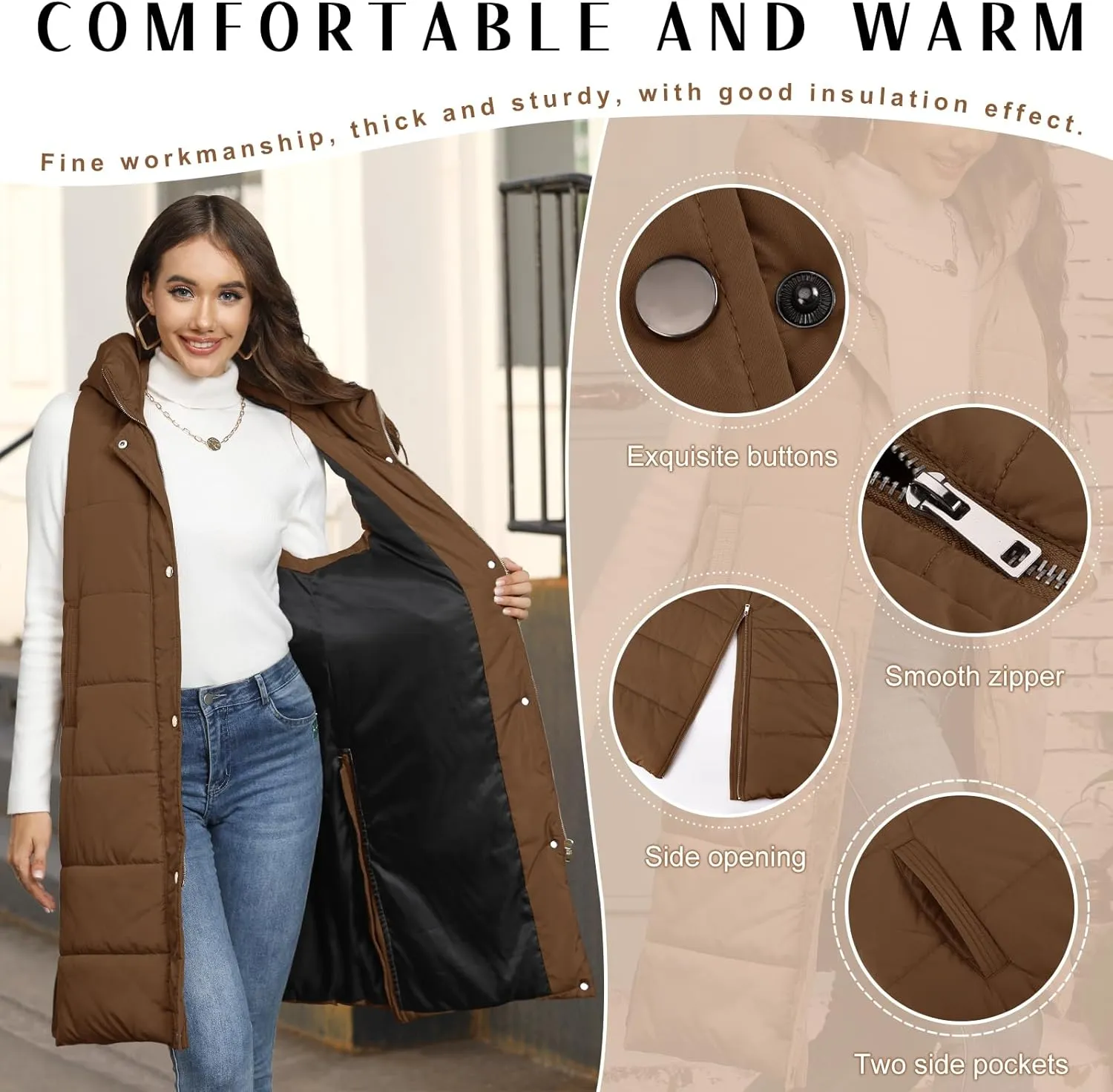 HEEKPEK Womens Puffer Vest Winter Hooded Sleeveless Zip Up Long Puffy Jacket Warm Thick Quilted Coats with Pockets