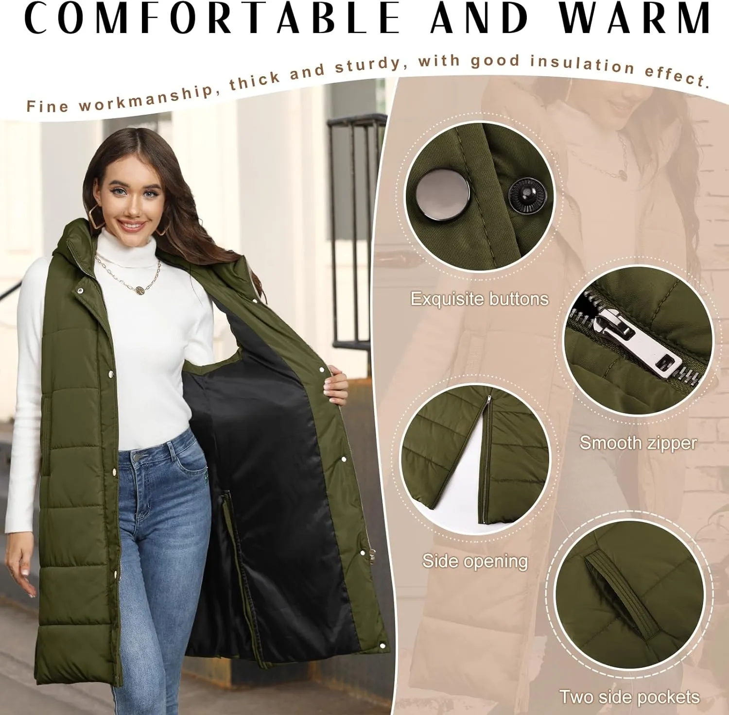 HEEKPEK Womens Puffer Vest Winter Hooded Sleeveless Zip Up Long Puffy Jacket Warm Thick Quilted Coats with Pockets