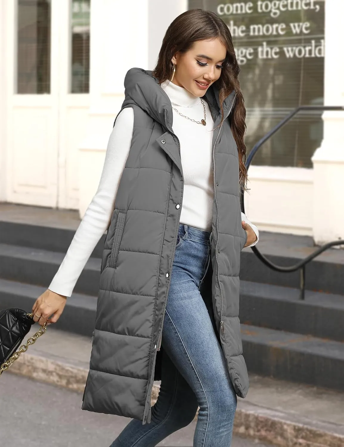 HEEKPEK Womens Puffer Vest Winter Hooded Sleeveless Zip Up Long Puffy Jacket Warm Thick Quilted Coats with Pockets