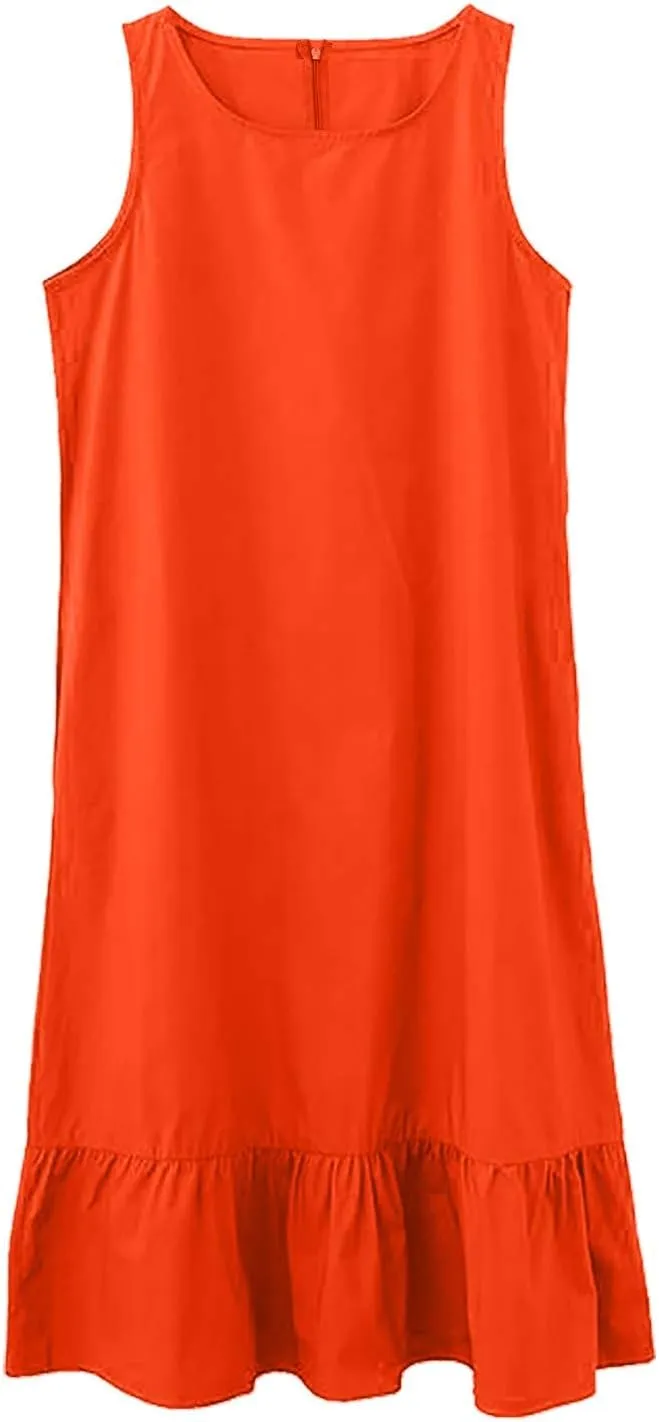 HGOOGY Plus Size Dress Vest Solid Color Casual Pleated O-Neck Sleeveless Soft Fashion Midi Dresses for Women