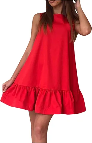 HGOOGY Plus Size Dress Vest Solid Color Casual Pleated O-Neck Sleeveless Soft Fashion Midi Dresses for Women