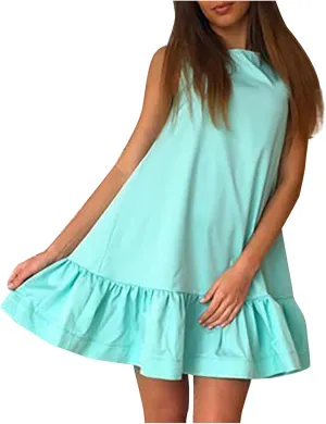 HGOOGY Plus Size Dress Vest Solid Color Casual Pleated O-Neck Sleeveless Soft Fashion Midi Dresses for Women