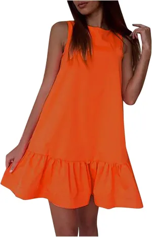 HGOOGY Plus Size Dress Vest Solid Color Casual Pleated O-Neck Sleeveless Soft Fashion Midi Dresses for Women