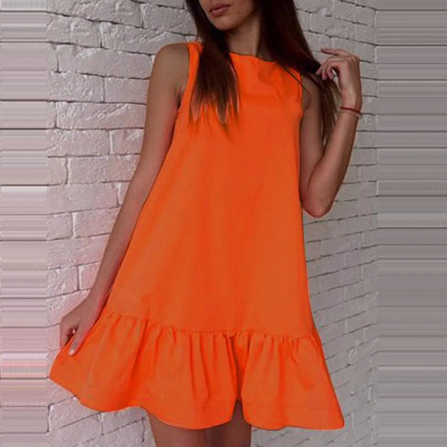 HGOOGY Plus Size Dress Vest Solid Color Casual Pleated O-Neck Sleeveless Soft Fashion Midi Dresses for Women