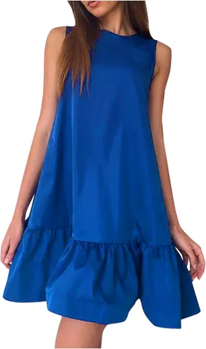 HGOOGY Plus Size Dress Vest Solid Color Casual Pleated O-Neck Sleeveless Soft Fashion Midi Dresses for Women