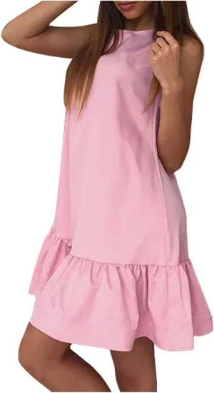 HGOOGY Plus Size Dress Vest Solid Color Casual Pleated O-Neck Sleeveless Soft Fashion Midi Dresses for Women