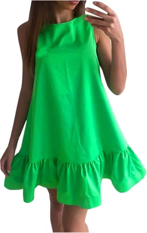 HGOOGY Plus Size Dress Vest Solid Color Casual Pleated O-Neck Sleeveless Soft Fashion Midi Dresses for Women