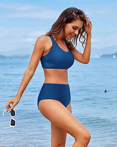 High Cut Legs Women High Waisted Two Piece Sports Crop Top Swimsuit-Royal Blue