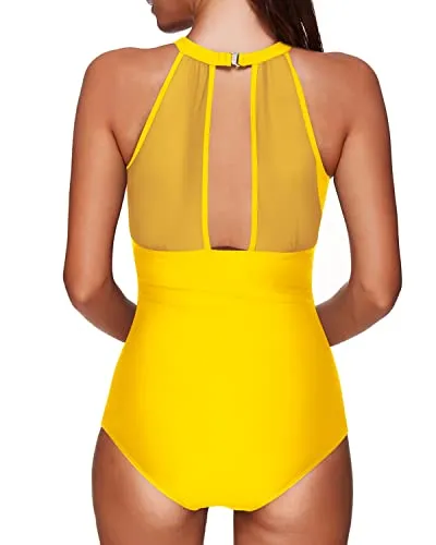 High Neck Plunge Mesh Ruched Monokini Swimwear Women One Piece Swimsuit-Neon Yellow