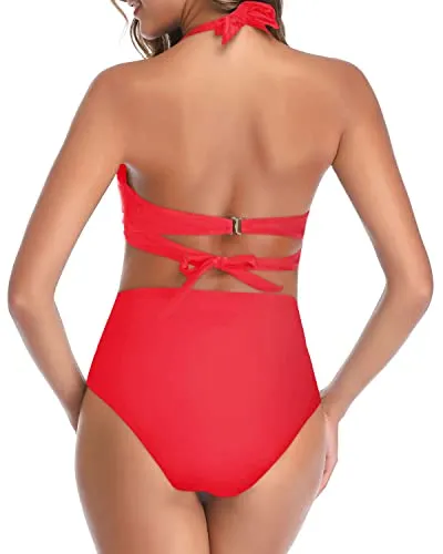 High Waisted Figure-Flattering Halter Push Up Bikini-Neon Red