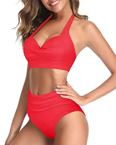 High Waisted Figure-Flattering Halter Push Up Bikini-Neon Red