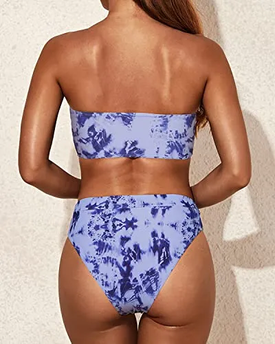 High Waisted High Cut Bikini Women Two Piece Bandeau Swimsuit-Blue Tie Dye