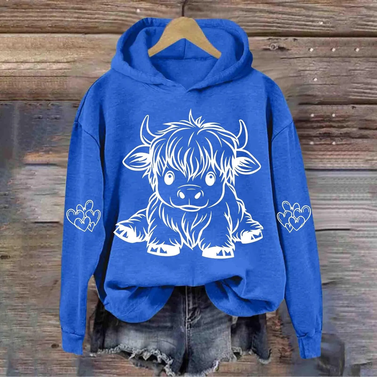 Highland Cow Hoodie Women Loose Fit Pullover Oversized Drawstring Hooded Sweatshirt Cute Streetwear Layering Outfit