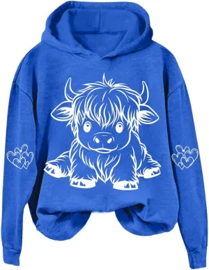 Highland Cow Hoodie Women Loose Fit Pullover Oversized Drawstring Hooded Sweatshirt Cute Streetwear Layering Outfit