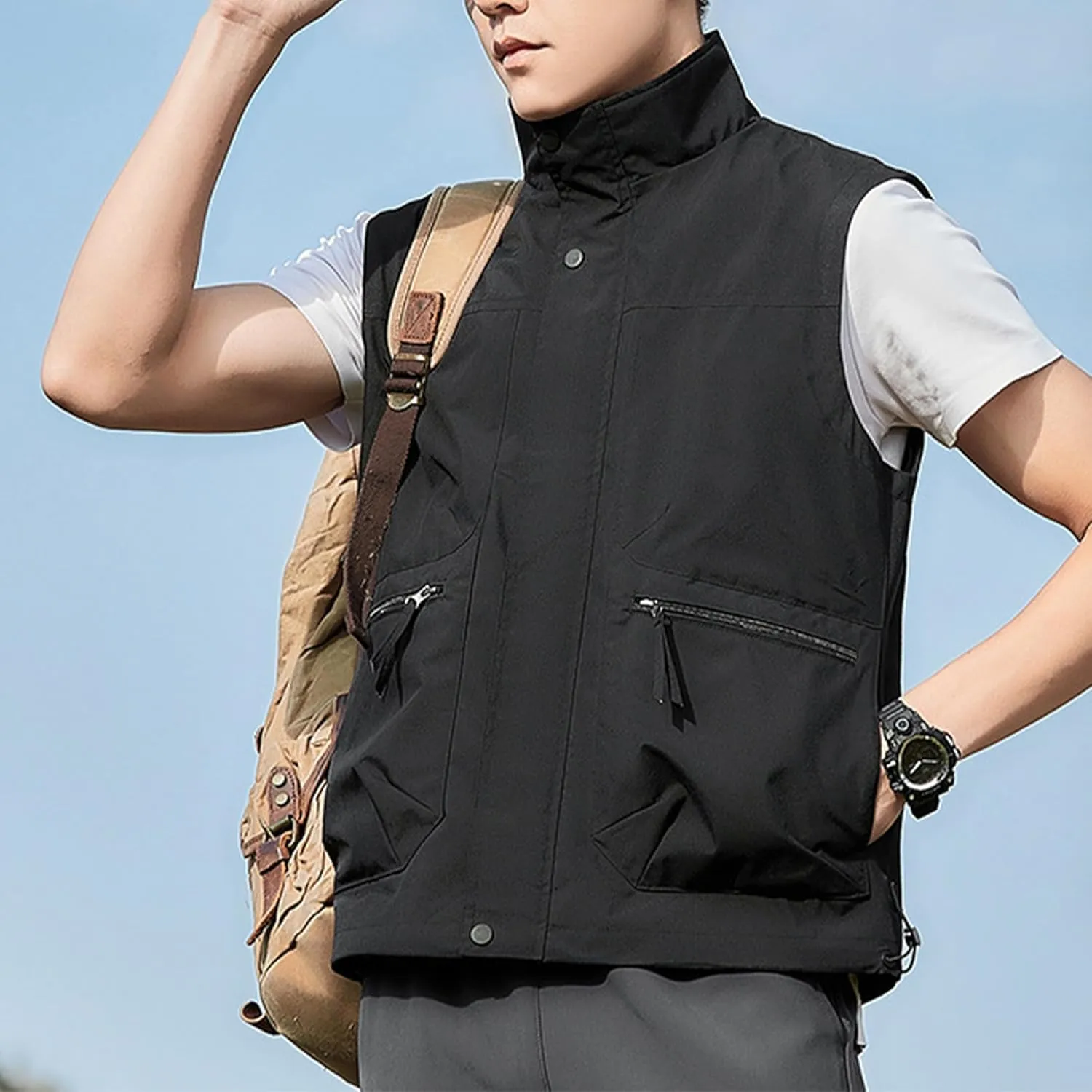 Hixiaohe Mens Vest Golf Outwear Windproof Lightweight Softshell Vest Photo Hiking Travel Work Sleeveless Jacket with Pockets