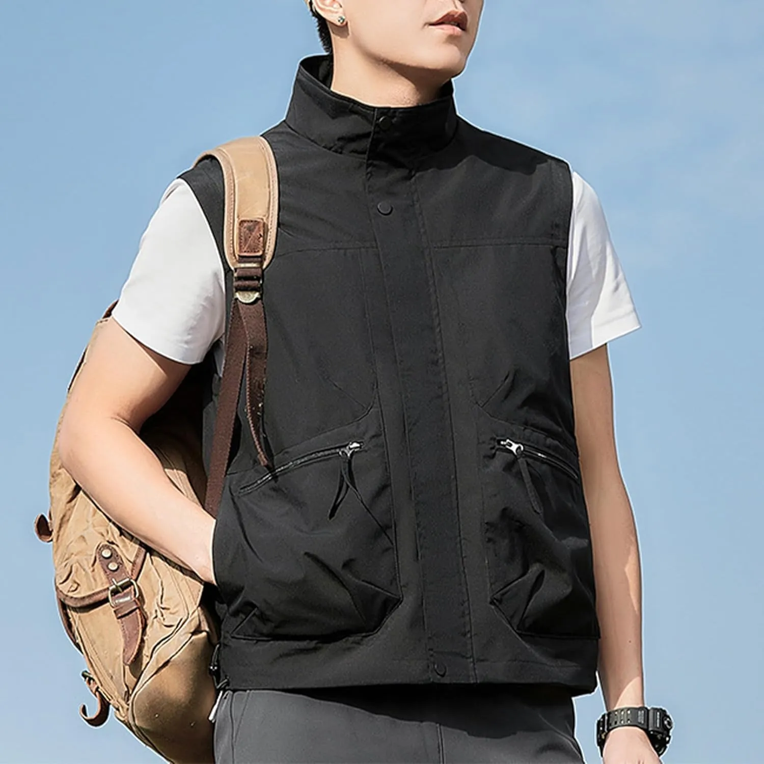 Hixiaohe Mens Vest Golf Outwear Windproof Lightweight Softshell Vest Photo Hiking Travel Work Sleeveless Jacket with Pockets