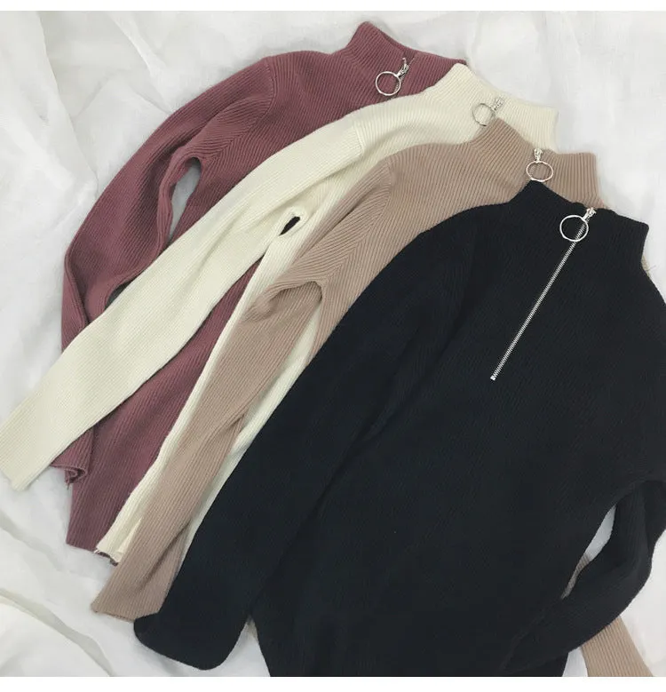 Hong Kong Sweater Women Half-Height Collar Minimalist Matching Knitted Matching Long Sleeved Thick Slim Look Outerwear