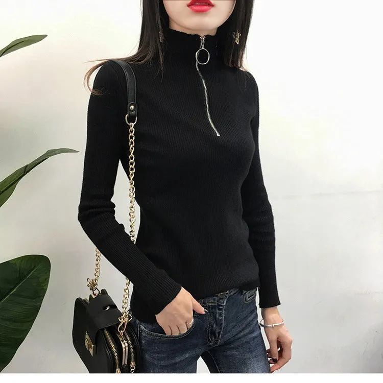 Hong Kong Sweater Women Half-Height Collar Minimalist Matching Knitted Matching Long Sleeved Thick Slim Look Outerwear