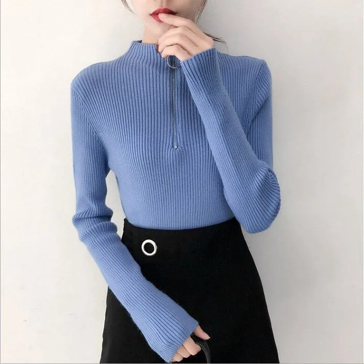 Hong Kong Sweater Women Half-Height Collar Minimalist Matching Knitted Matching Long Sleeved Thick Slim Look Outerwear
