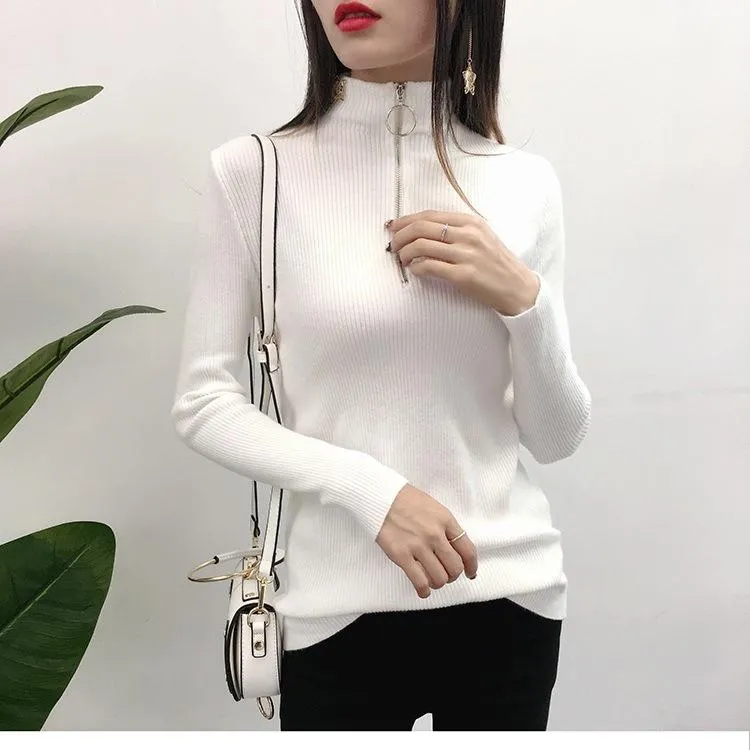 Hong Kong Sweater Women Half-Height Collar Minimalist Matching Knitted Matching Long Sleeved Thick Slim Look Outerwear