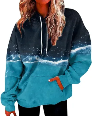 Hoodies for Women 2024 Tie Dye Gradient Drawstring Pullover Tops Baggy Trendy Loose Oversized Sweatshirts with Pockets
