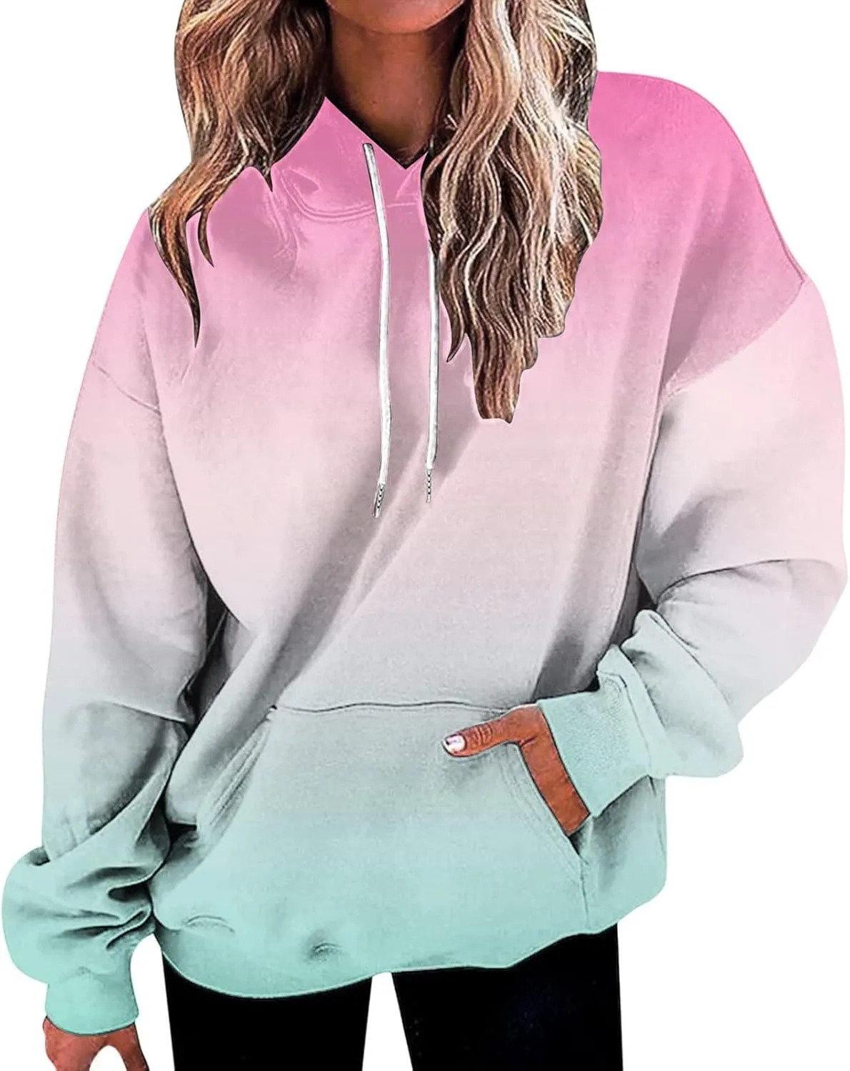 Hoodies for Women 2024 Tie Dye Gradient Drawstring Pullover Tops Baggy Trendy Loose Oversized Sweatshirts with Pockets