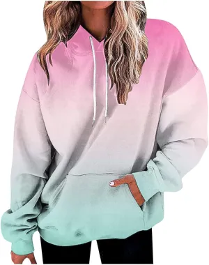 Hoodies for Women 2024 Tie Dye Gradient Drawstring Pullover Tops Baggy Trendy Loose Oversized Sweatshirts with Pockets