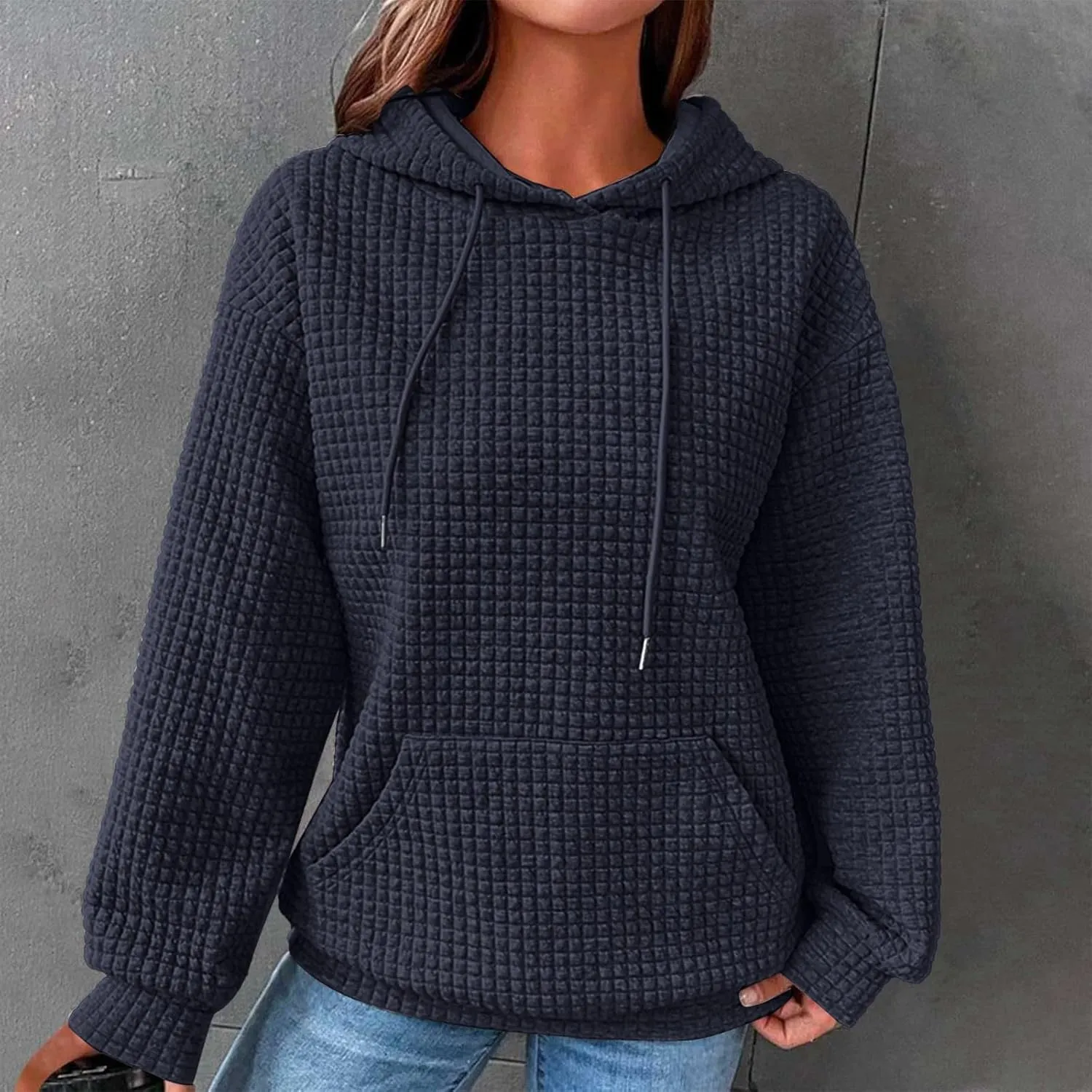 Hoodies for Women Waffle Knit Tops for Women Oversized Waffle Knit Shirt Hoodies for Women with Pocket Fall Sweatshirt 2024