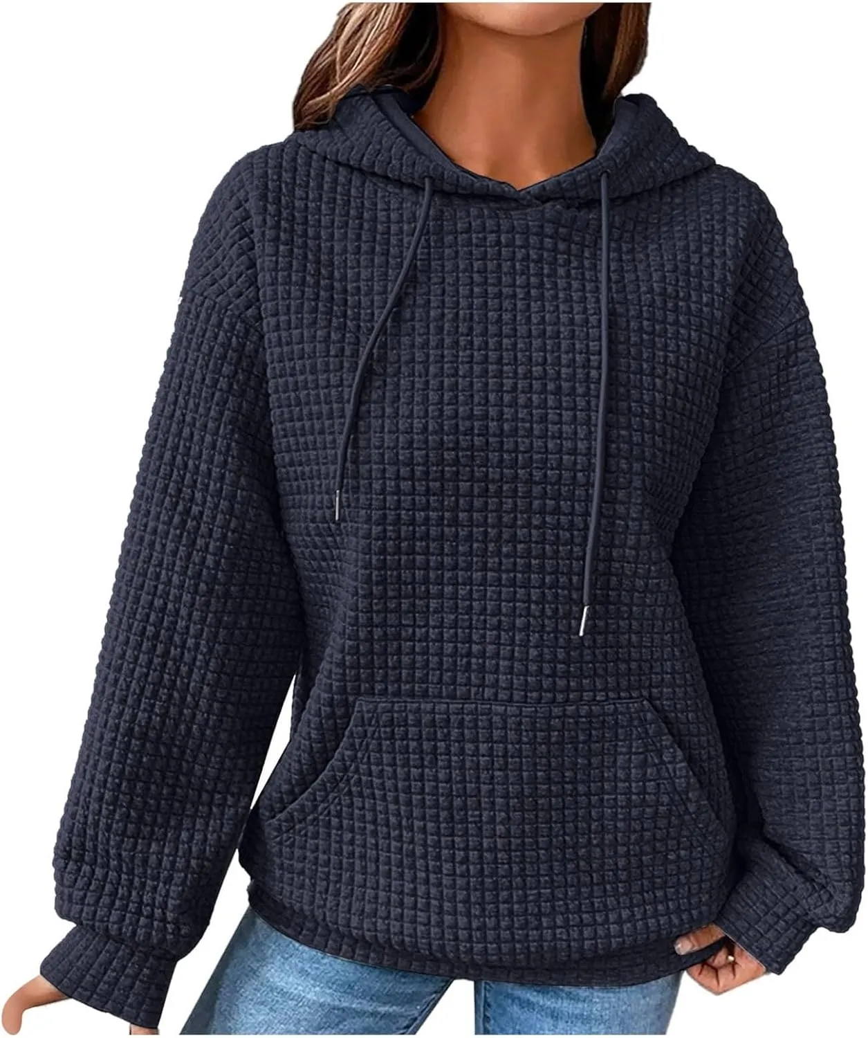 Hoodies for Women Waffle Knit Tops for Women Oversized Waffle Knit Shirt Hoodies for Women with Pocket Fall Sweatshirt 2024