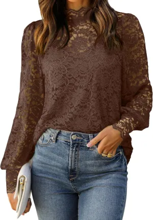 HOTOUCH Womens Lace Tops Mesh Sheer Floral Long Sleeve Mock Neck Casual Dressy Blouse Shirt with Camisole Sexy 2 PCS Set