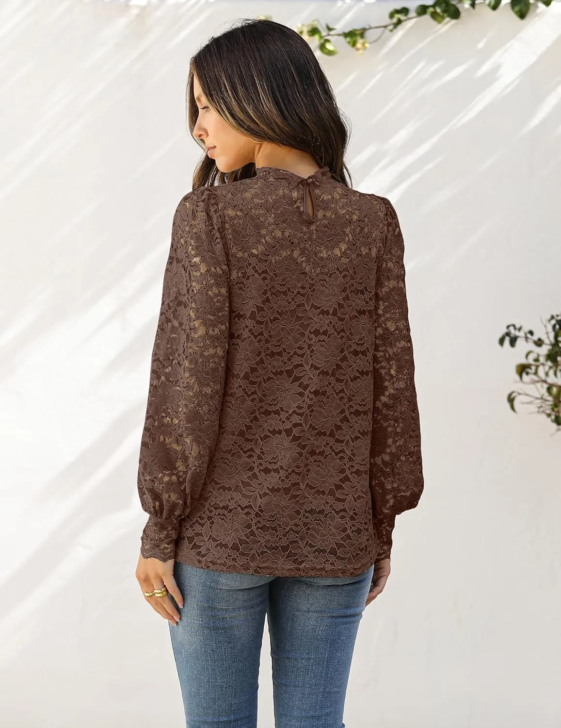 HOTOUCH Womens Lace Tops Mesh Sheer Floral Long Sleeve Mock Neck Casual Dressy Blouse Shirt with Camisole Sexy 2 PCS Set