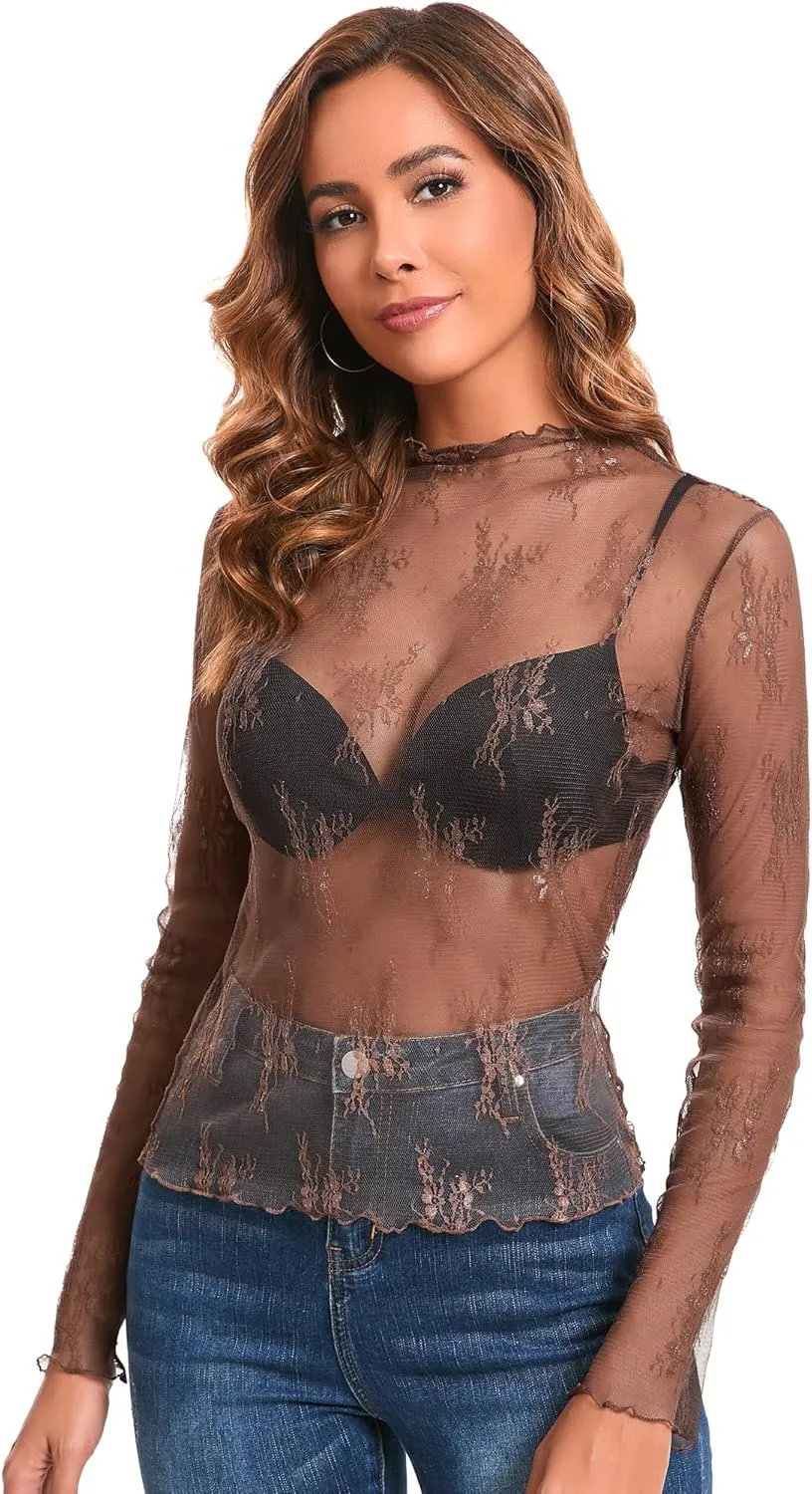 Huukeay 3 Pack mesh Long Sleeve Tops for Women lace Undershirt Mock Neck Sheer Blouse See Through Floral Clubwear Shirts