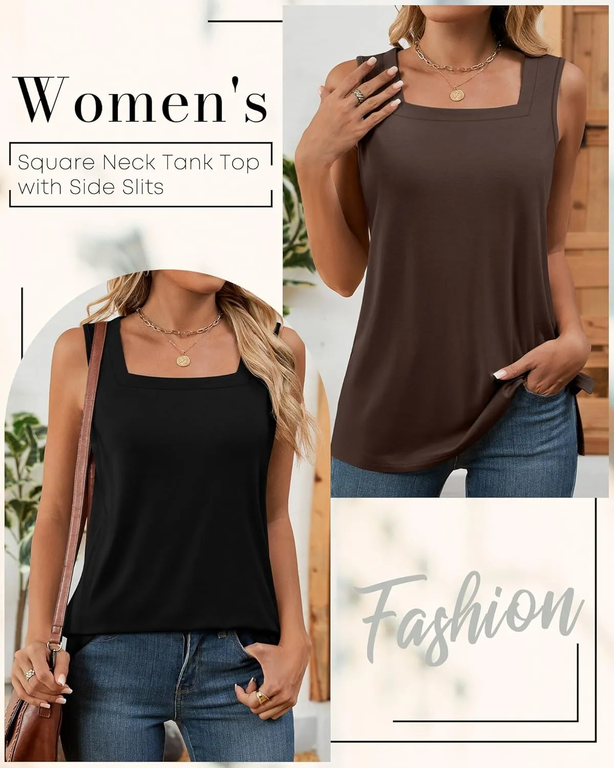 Huukeay 3 Pack Summer Women's Tank Tops Cotton Sleeveless Shirt Loose Fit Square Neck Tank Top with Side Slits