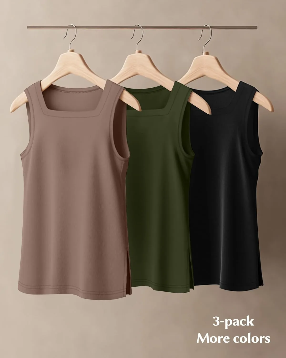 Huukeay 3 Pack Summer Women's Tank Tops Cotton Sleeveless Shirt Loose Fit Square Neck Tank Top with Side Slits