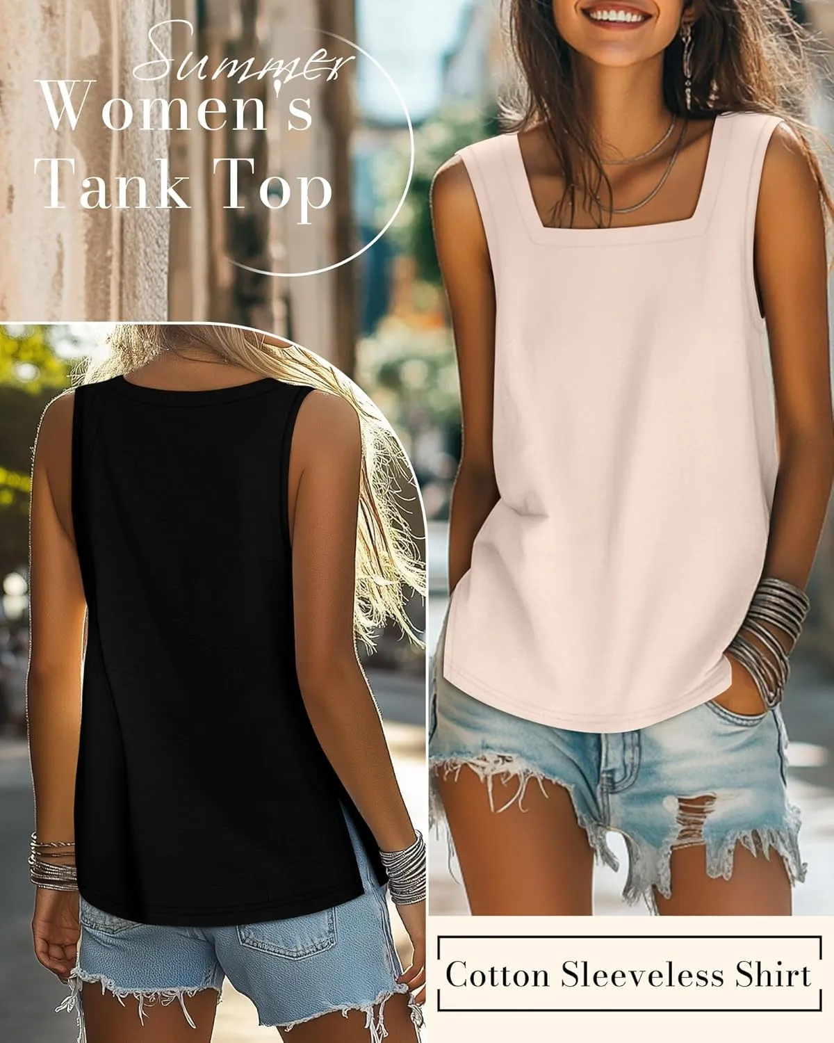 Huukeay 3 Pack Summer Women's Tank Tops Cotton Sleeveless Shirt Loose Fit Square Neck Tank Top with Side Slits