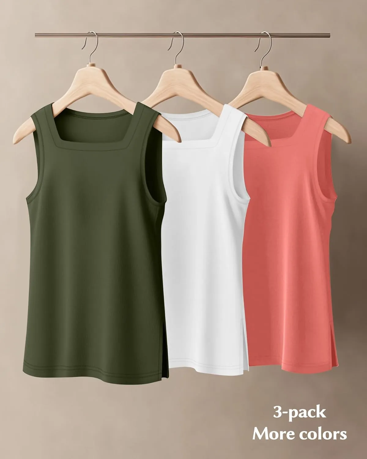 Huukeay 3 Pack Summer Women's Tank Tops Cotton Sleeveless Shirt Loose Fit Square Neck Tank Top with Side Slits