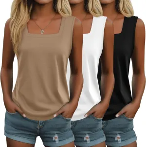 Huukeay 3 Pack Summer Women's Tank Tops Cotton Sleeveless Shirt Loose Fit Square Neck Tank Top with Side Slits
