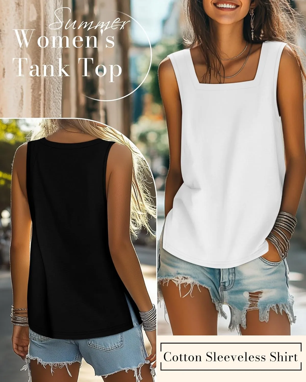 Huukeay 3 Pack Summer Women's Tank Tops Cotton Sleeveless Shirt Loose Fit Square Neck Tank Top with Side Slits