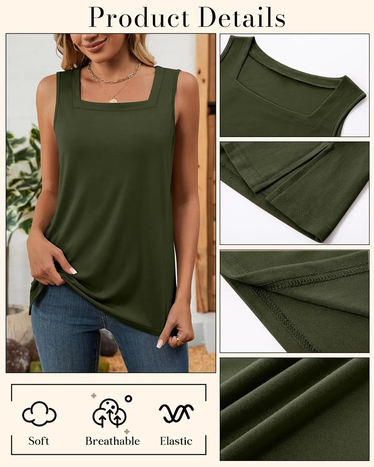 Huukeay 3 Pack Summer Women's Tank Tops Cotton Sleeveless Shirt Loose Fit Square Neck Tank Top with Side Slits