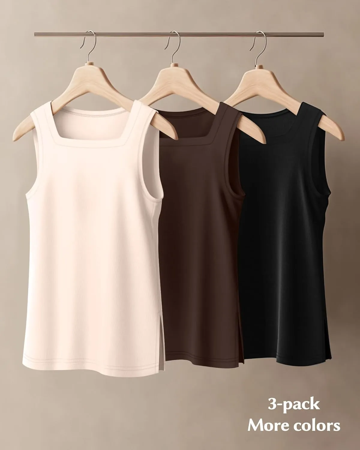 Huukeay 3 Pack Summer Women's Tank Tops Cotton Sleeveless Shirt Loose Fit Square Neck Tank Top with Side Slits