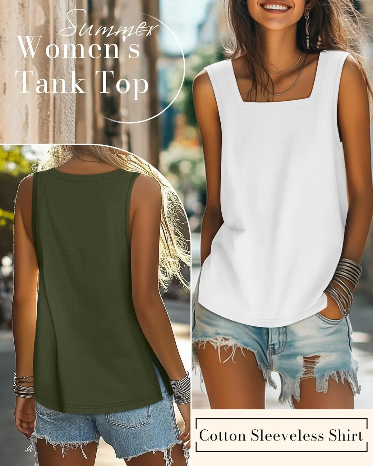 Huukeay 3 Pack Summer Women's Tank Tops Cotton Sleeveless Shirt Loose Fit Square Neck Tank Top with Side Slits